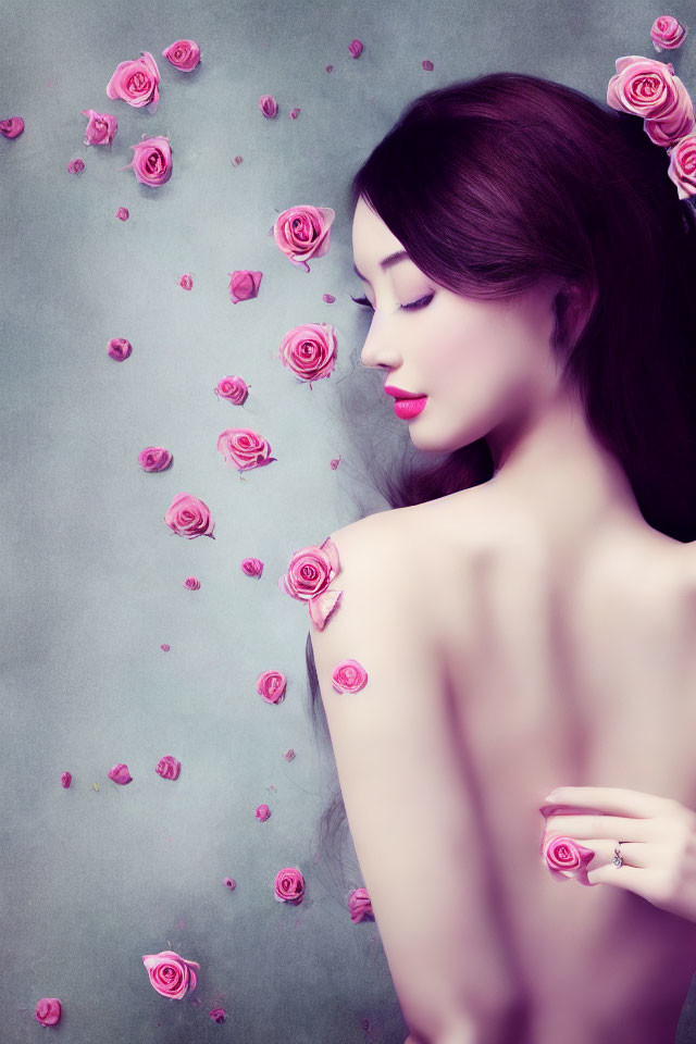 Graceful woman with closed eyes among floating pink roses on blue background