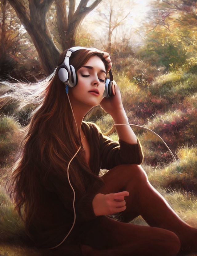 Woman with long hair listening to music outdoors in autumn landscape