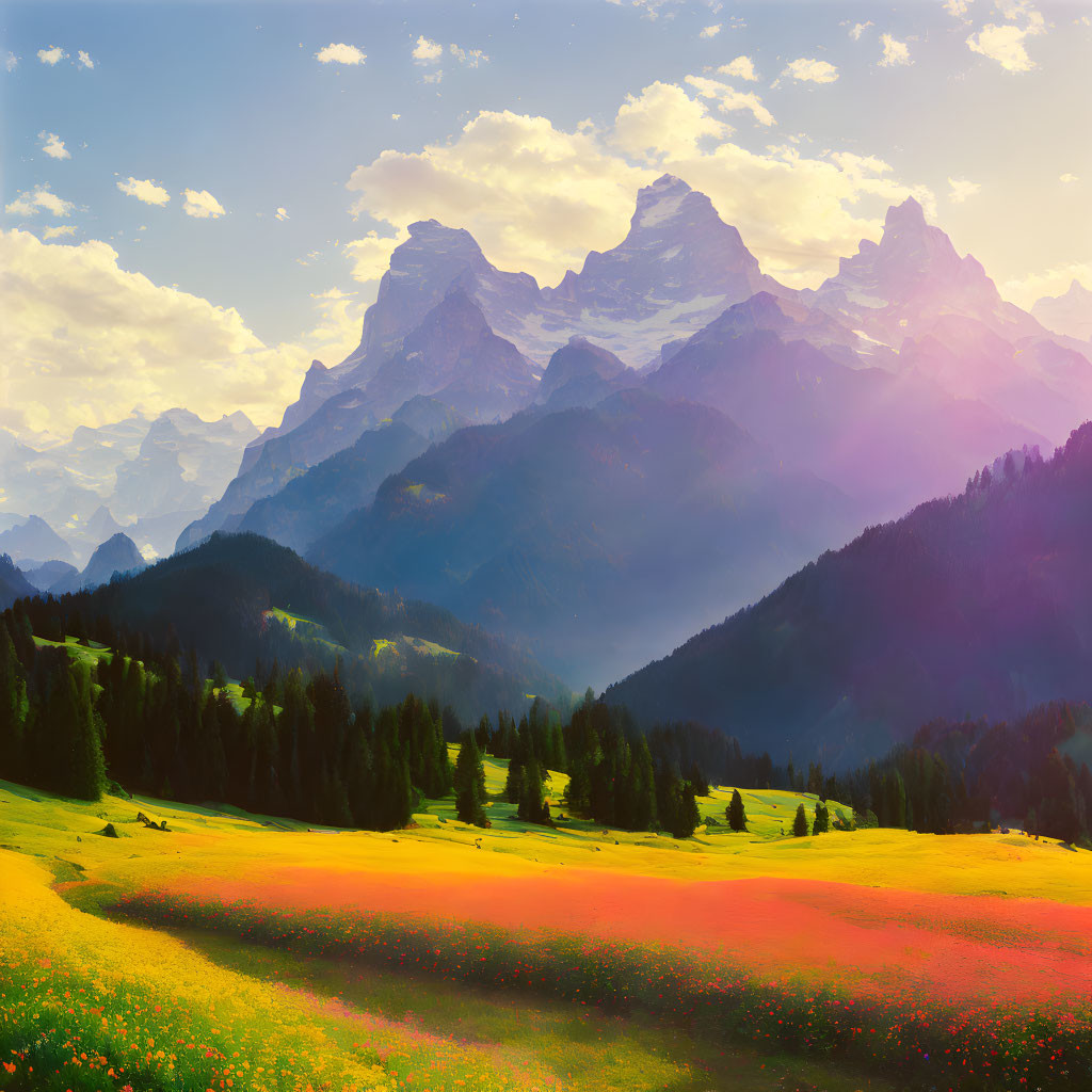 Tranquil landscape with flower meadow, rolling hills, and sunlit mountains
