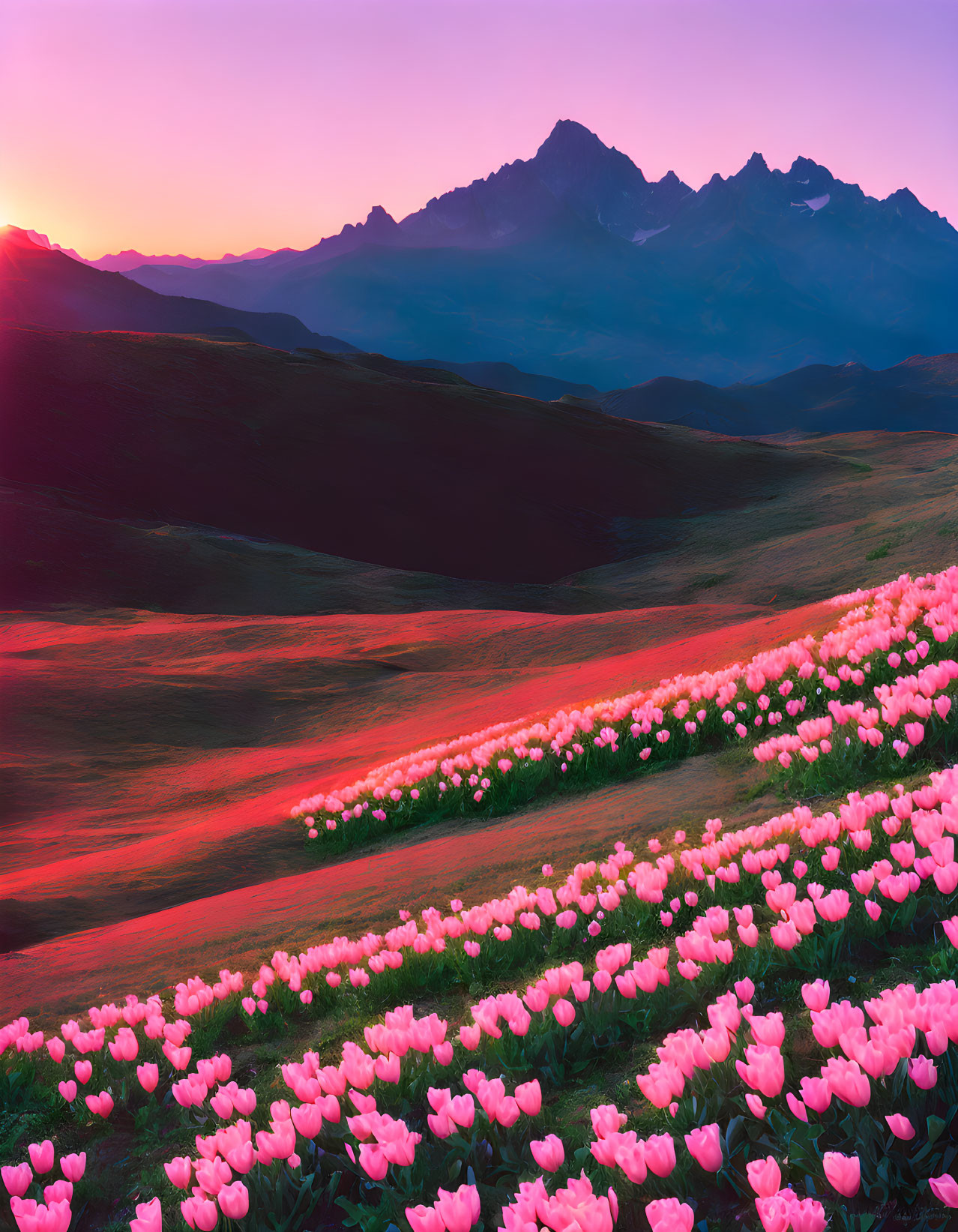 Scenic sunrise over mountain range with pink tulips