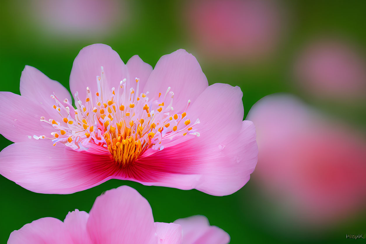 Bright pink flower with yellow stamens on green backdrop