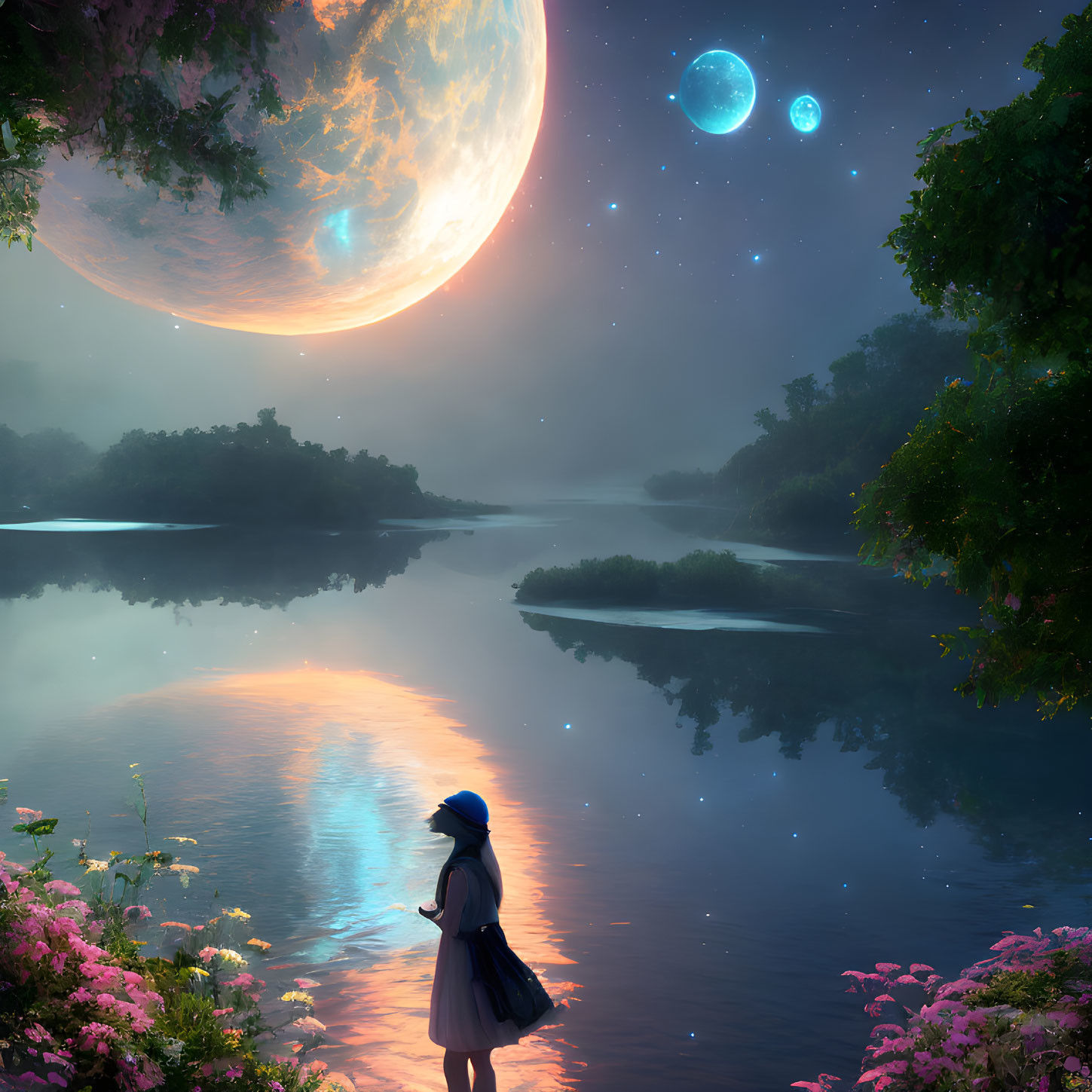 Person admires fantastical planet and two moons over calm lake at twilight
