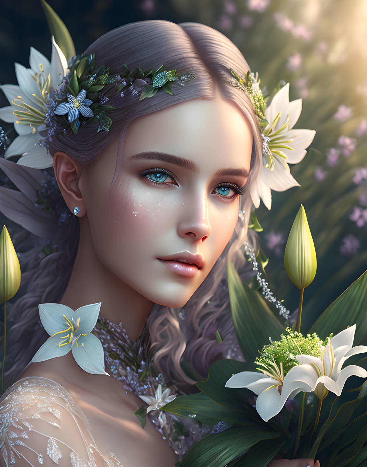 Ethereal woman with floral headpiece in fantasy digital art