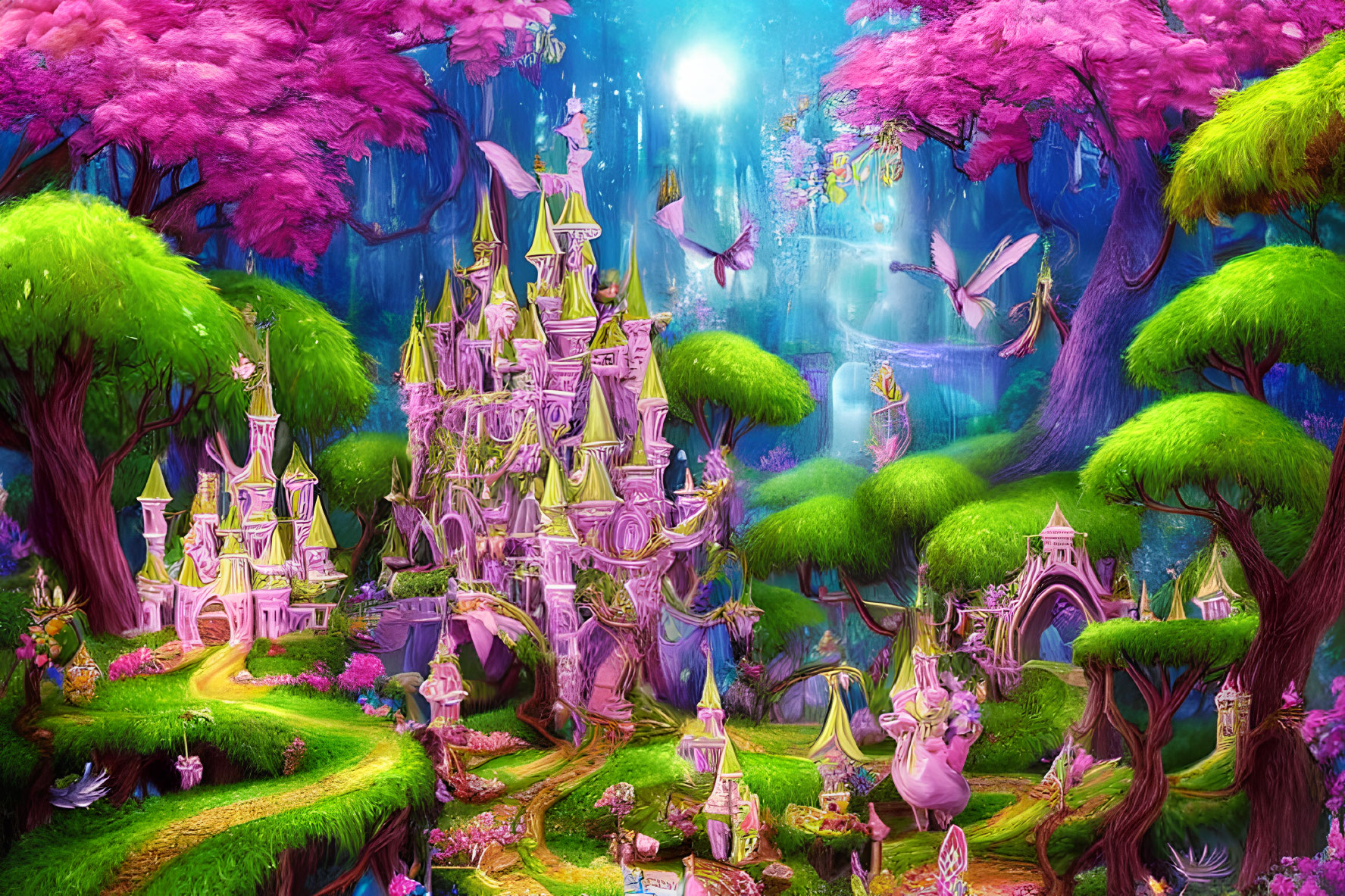 Fantasy landscape with castle, cherry blossoms, and flying creatures