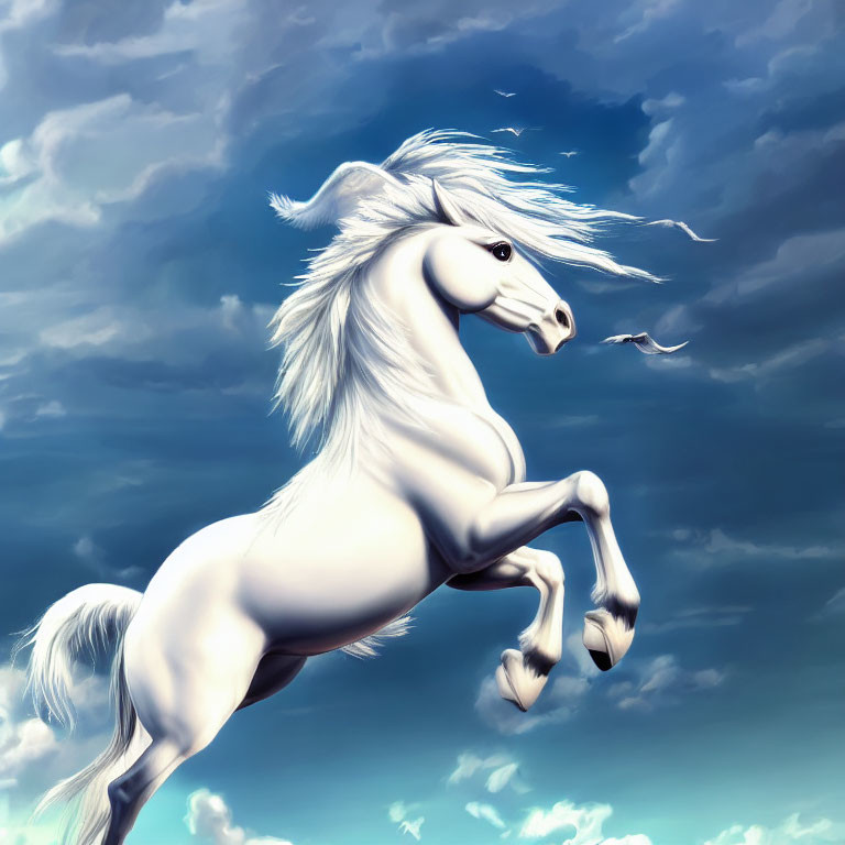 Majestic white horse rearing against dramatic sky