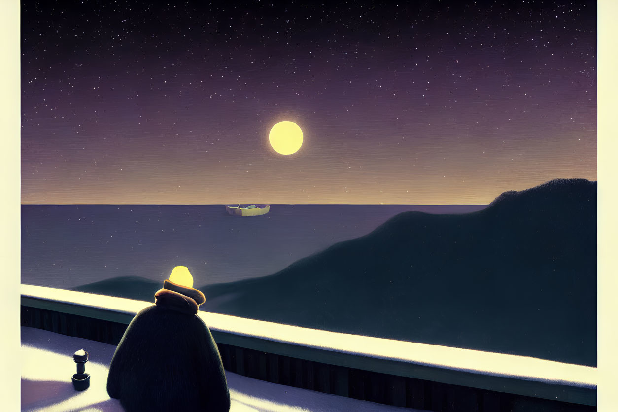 Person in Yellow Hat Contemplates Night Seascape with Full Moon and Stars