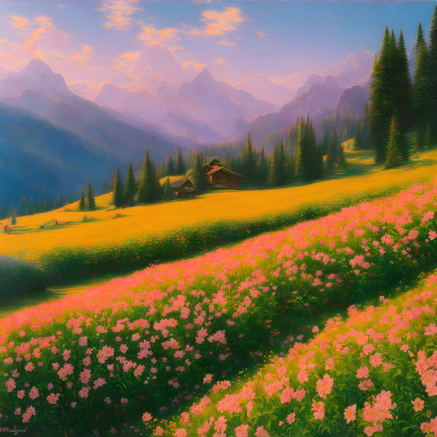 Scenic landscape with pink flowers, cabin, pine trees, and mountains