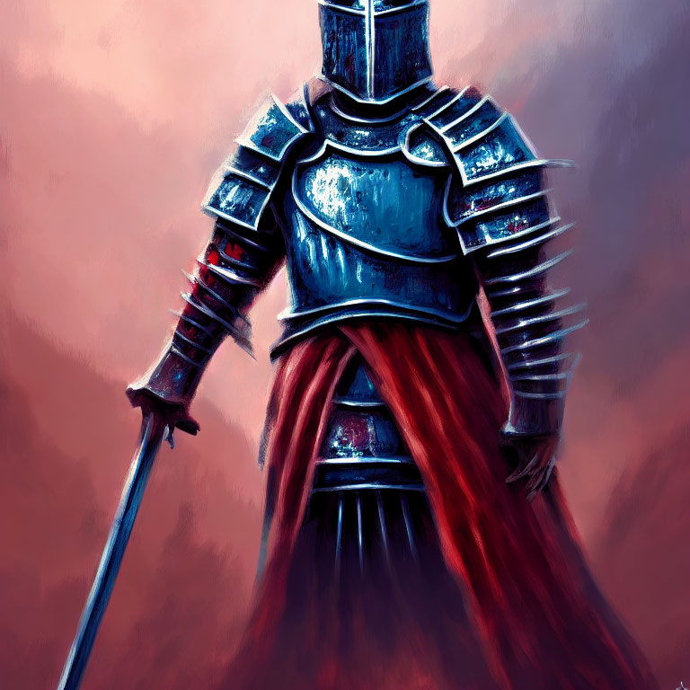 Knight in Shining Armor with Red Cape and Sword on Moody Background