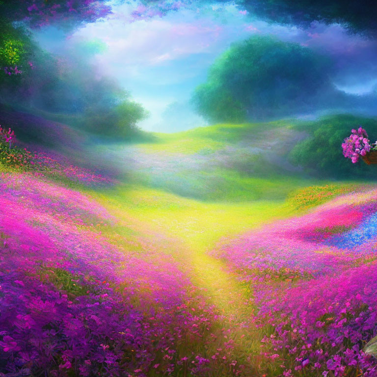 Colorful Blooming Meadow Painting with Dreamy Sky