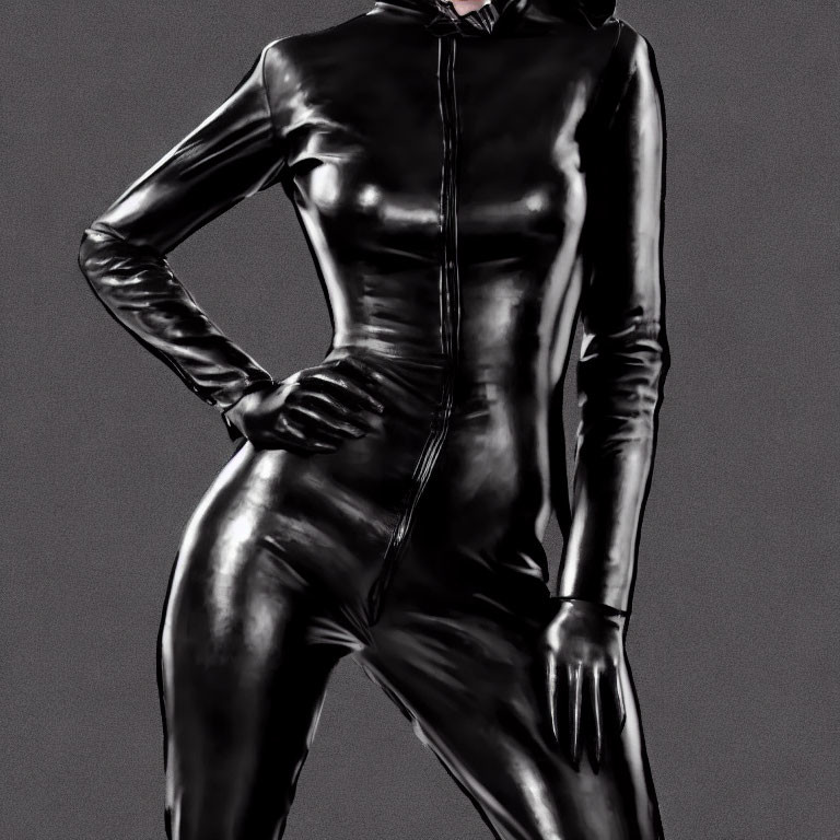 Shiny black catsuit with front zipper on person posing against grey background