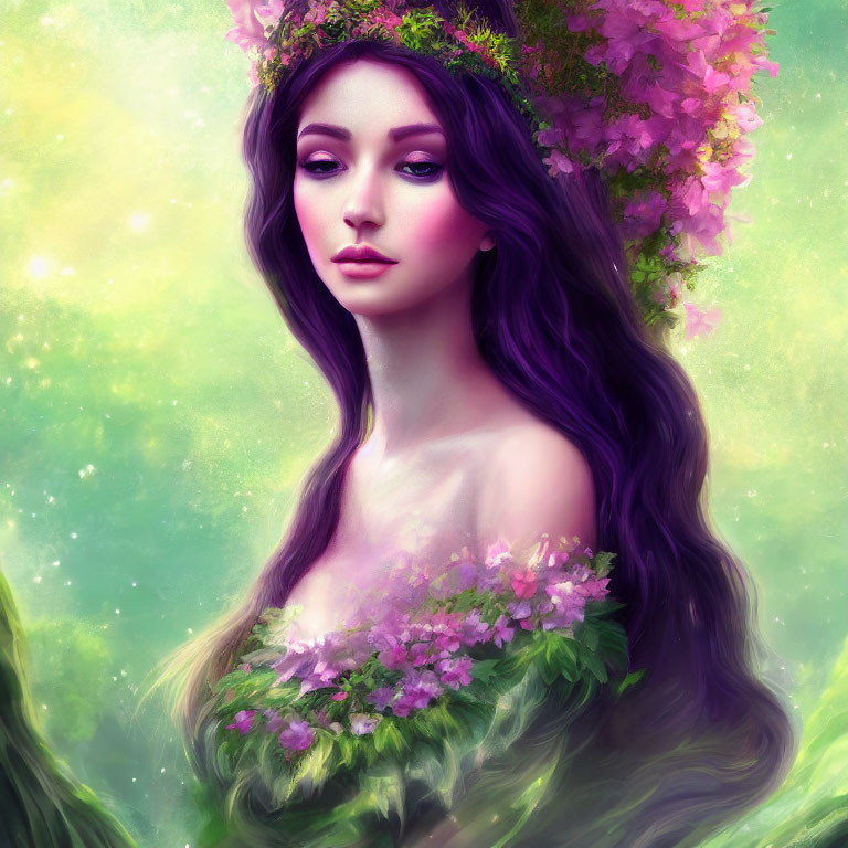 Mystical woman with purple hair and flower crown on green background