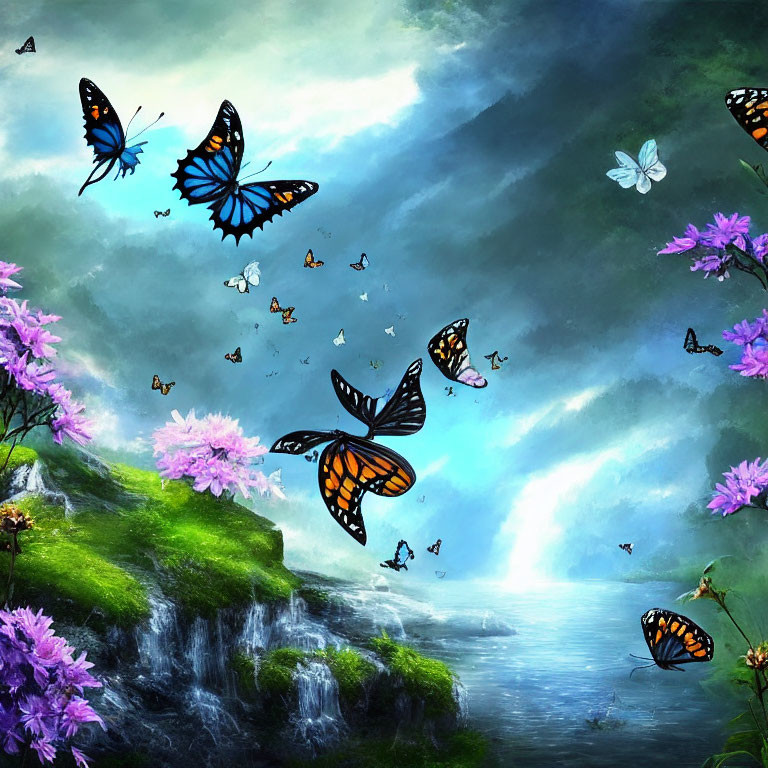 Tranquil nature scene with colorful butterflies, waterfall, lush greenery, pink flowers