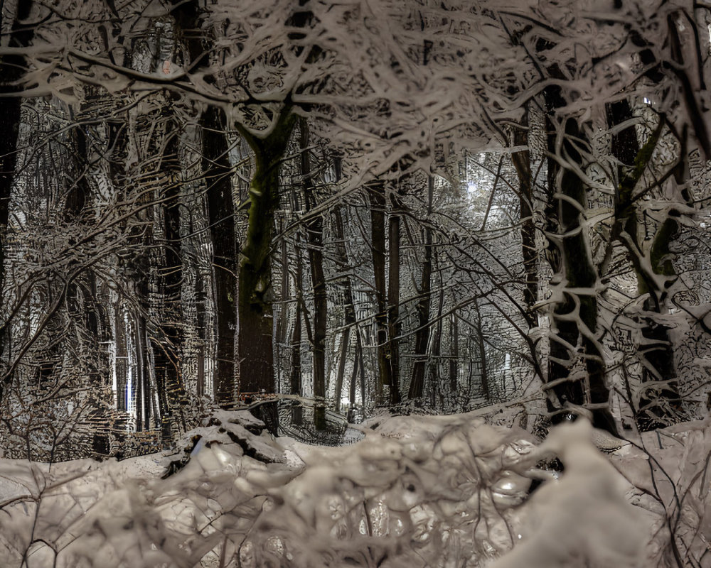 Snow-covered trees in nighttime winter scene with distant light