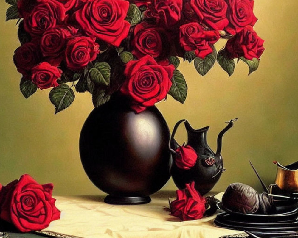 Vibrant red roses in black vase with tea set on white tablecloth