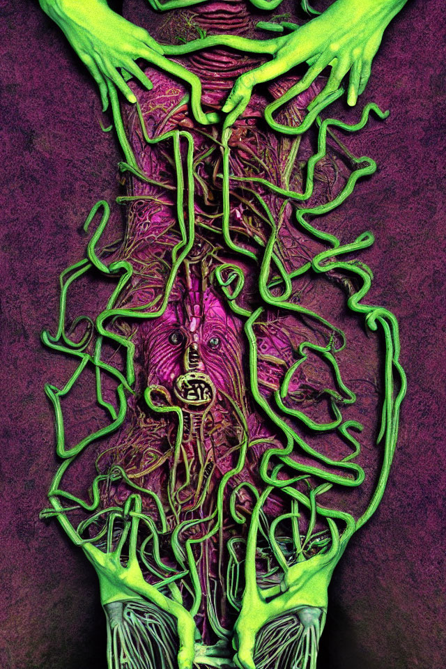 Vibrant green neural patterns on human torso and hands.