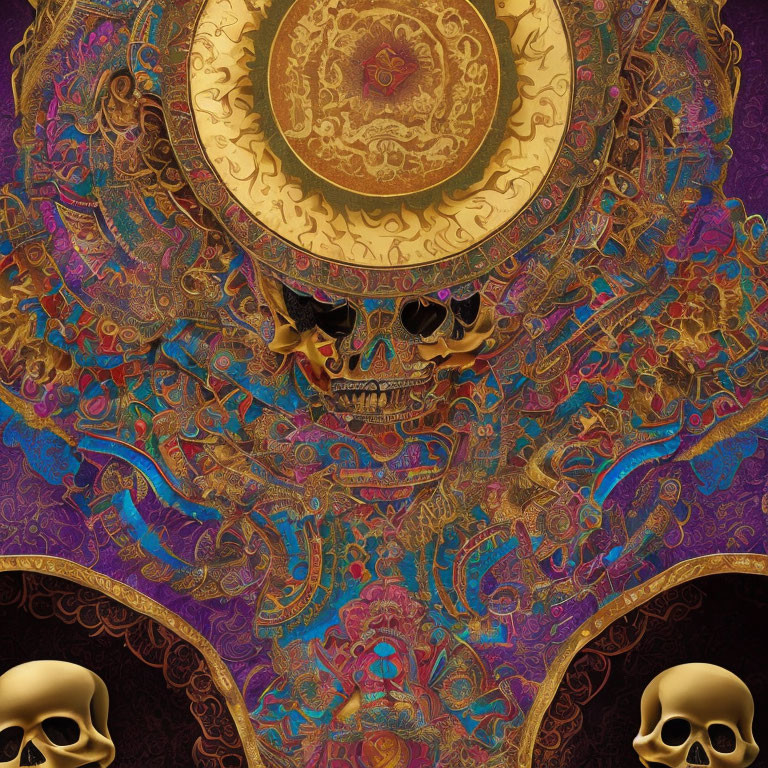 Detailed Golden Mandala Pattern with Skull Centerpiece