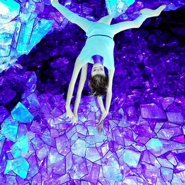 Person surrounded by glowing purple crystals in vivid violet light