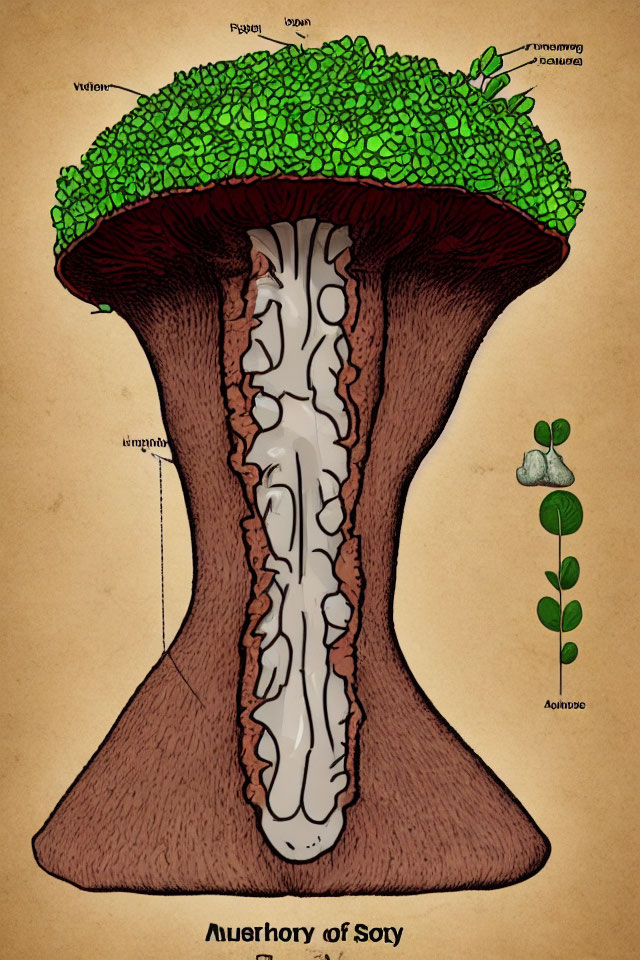 Detailed Cross-Section Illustration of Stylized Mushroom with Tree-Like Parts