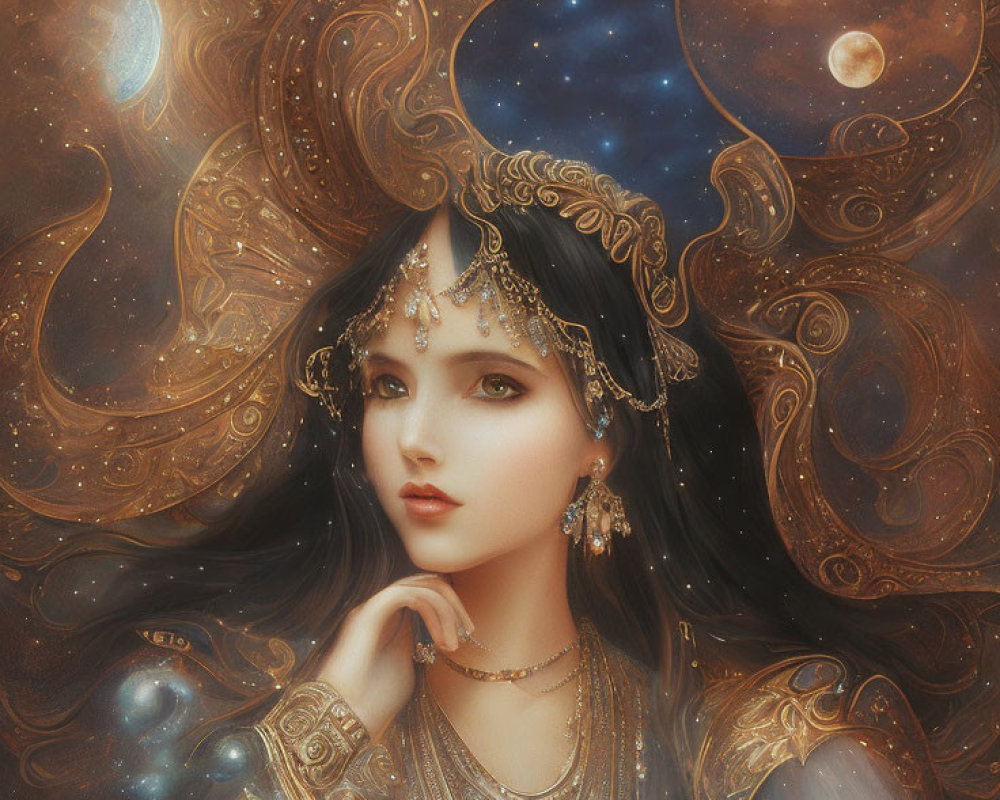Illustration of woman with dark hair in cosmic setting