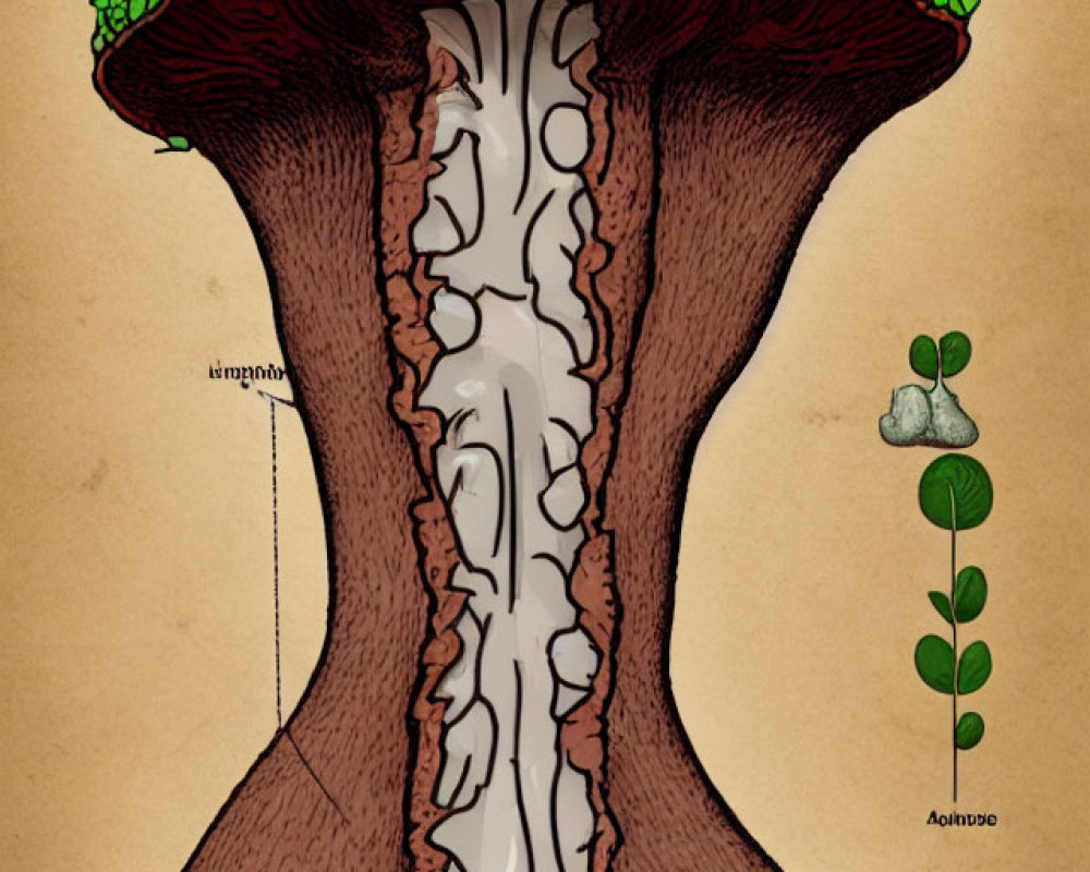 Detailed Cross-Section Illustration of Stylized Mushroom with Tree-Like Parts