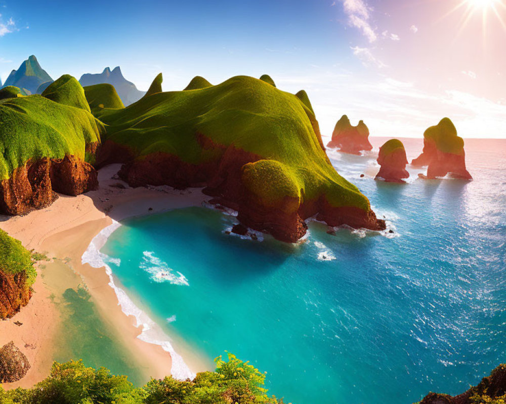 Scenic coastal landscape with green hills, red cliffs, sandy beach, and blue ocean.