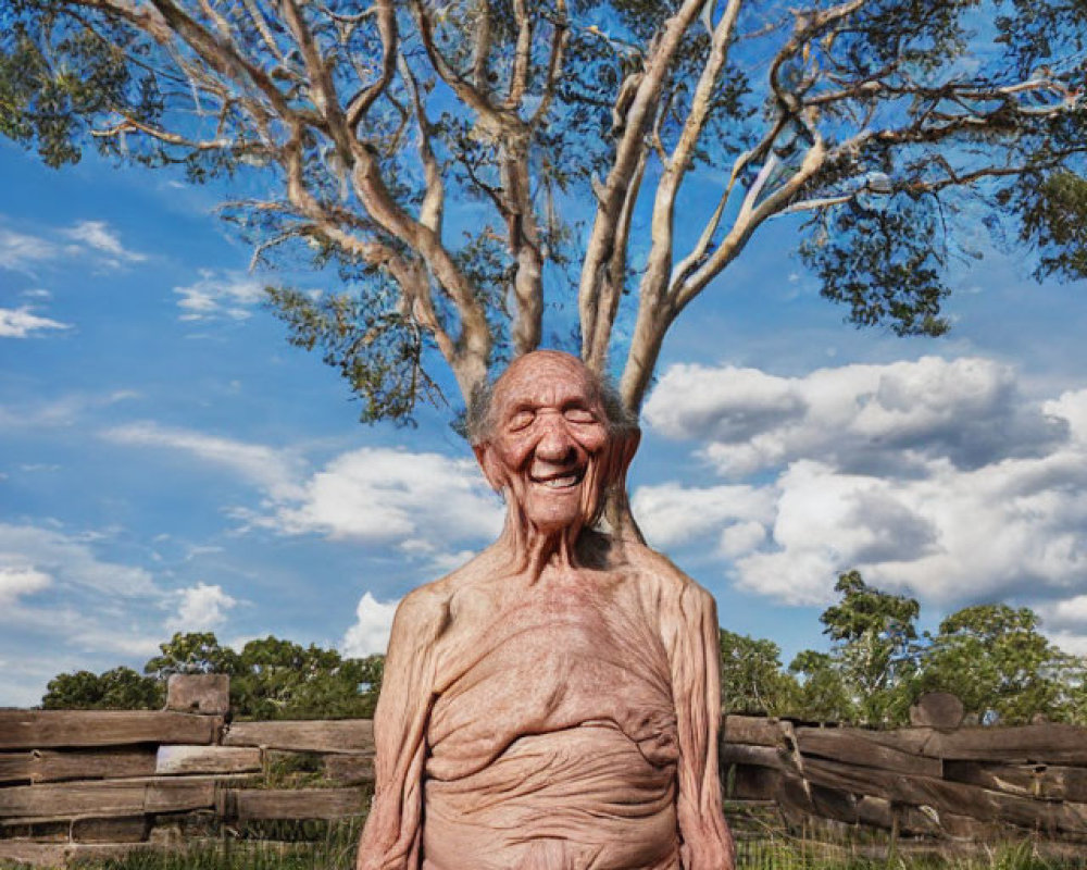 Elderly man sitting outdoors under tree with blue sky