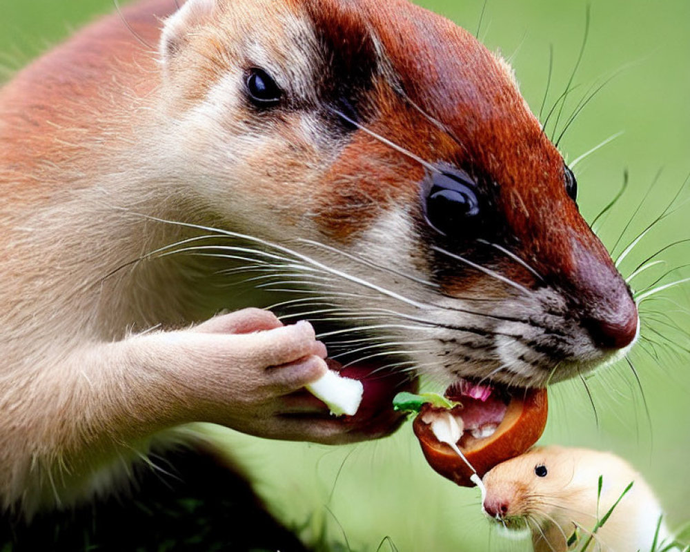 Giant weasel-like creature and tiny version sharing an apple on grassy field