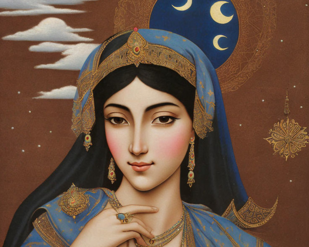 Illustrated woman in traditional attire with blue veil and celestial background