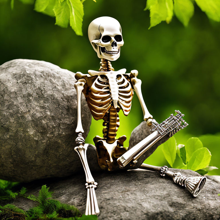 Skeleton model with guitar against rock in greenery