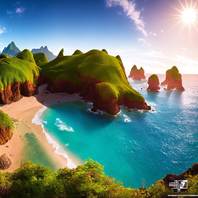 Scenic coastal landscape with green hills, red cliffs, sandy beach, and blue ocean.