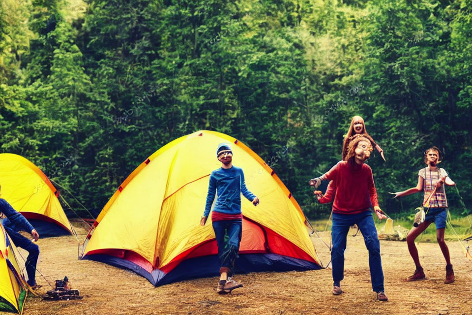 Group of People Enjoying Playful Time at Campsite in Woods