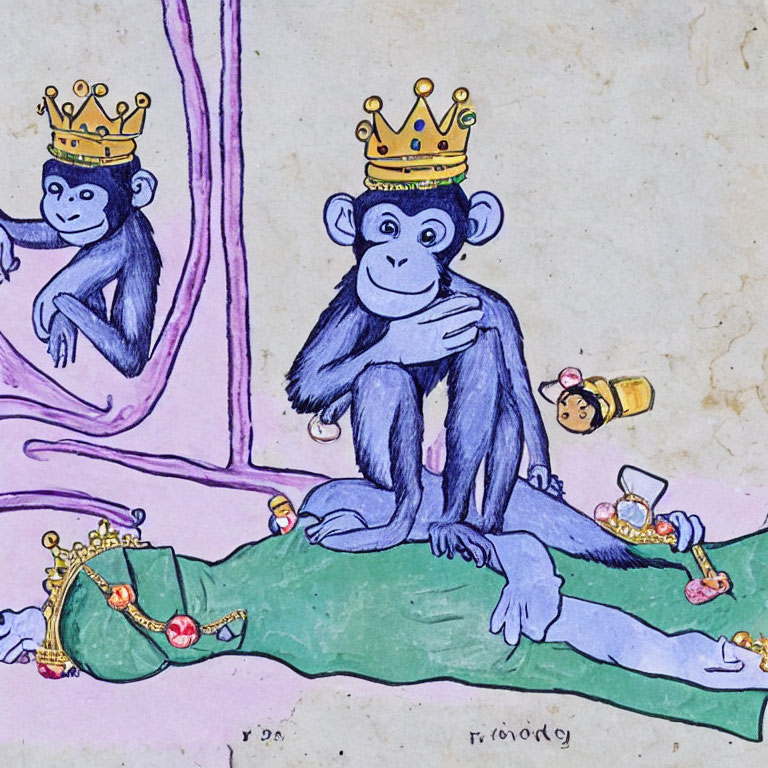 Monkeys Dressed as Royalty Surrounded by Crowns and Jewels