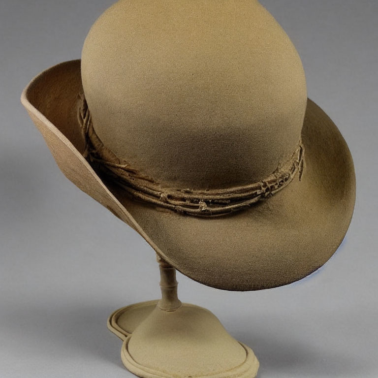 Wide-Brimmed Fedora Hat with Ribbon Band on Stand against Neutral Background
