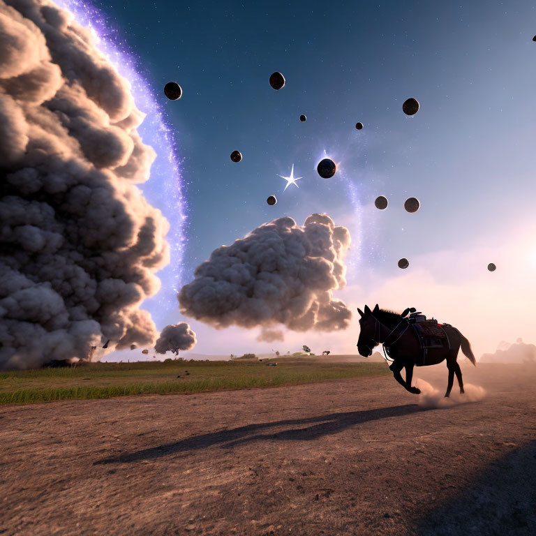 Lone horse galloping on road with multiple moons and smoke under starry night