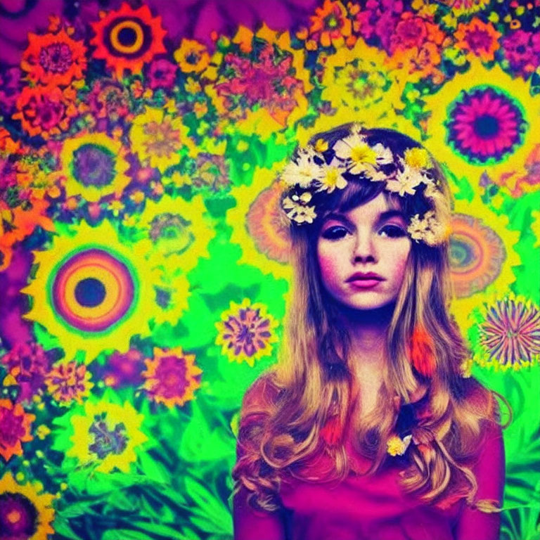 Woman with Floral Headband in Psychedelic Background