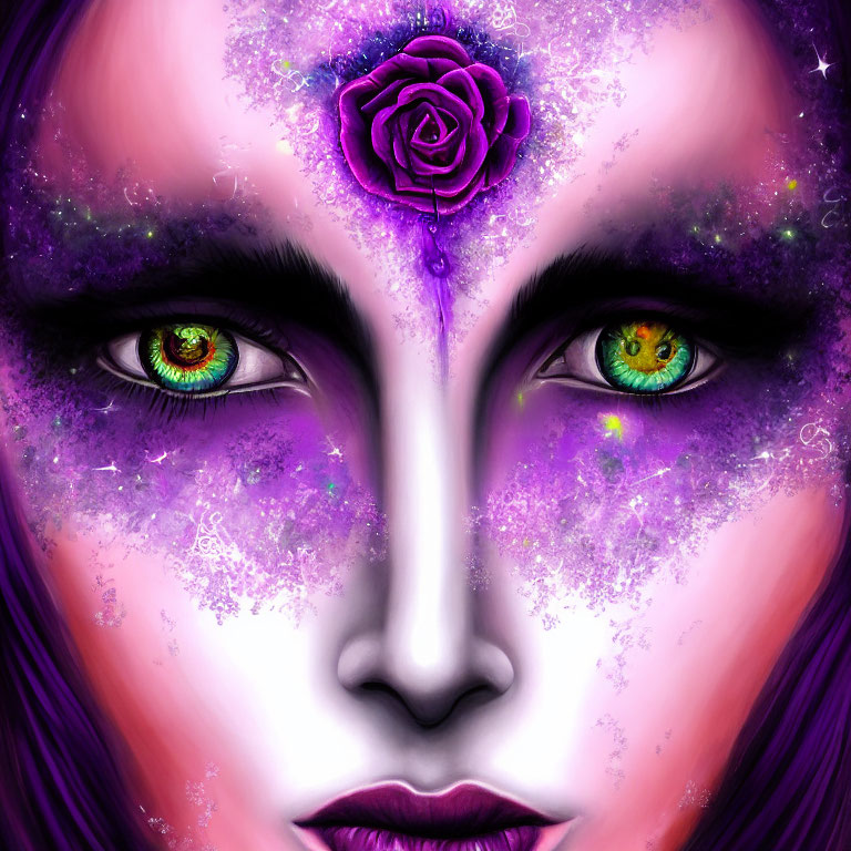 Digital Painting: Woman's Face with Galaxy Makeup and Rose Forehead