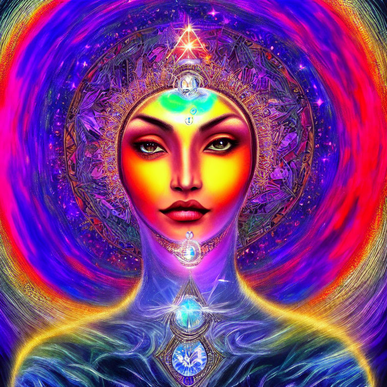 Colorful digital artwork of mystical female figure with cosmic symbols