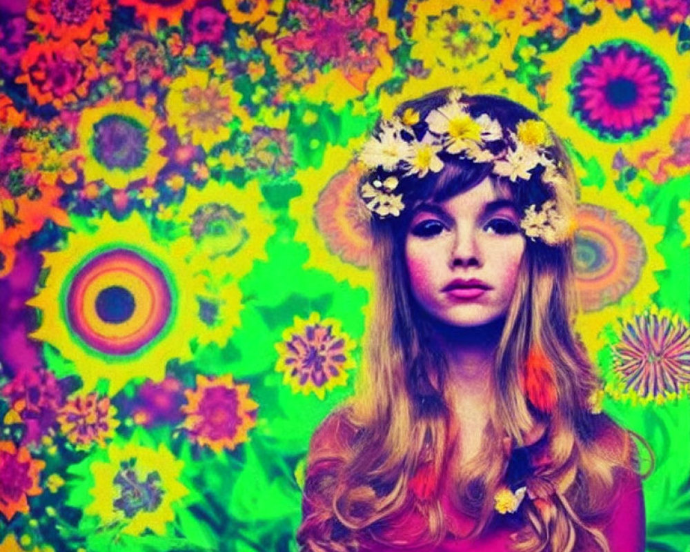 Woman with Floral Headband in Psychedelic Background