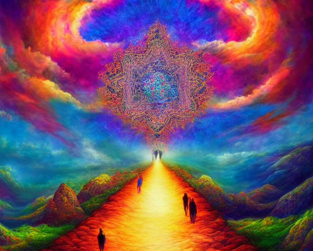 Colorful Psychedelic Landscape with Fiery Path and Mandala Under Swirling Sky