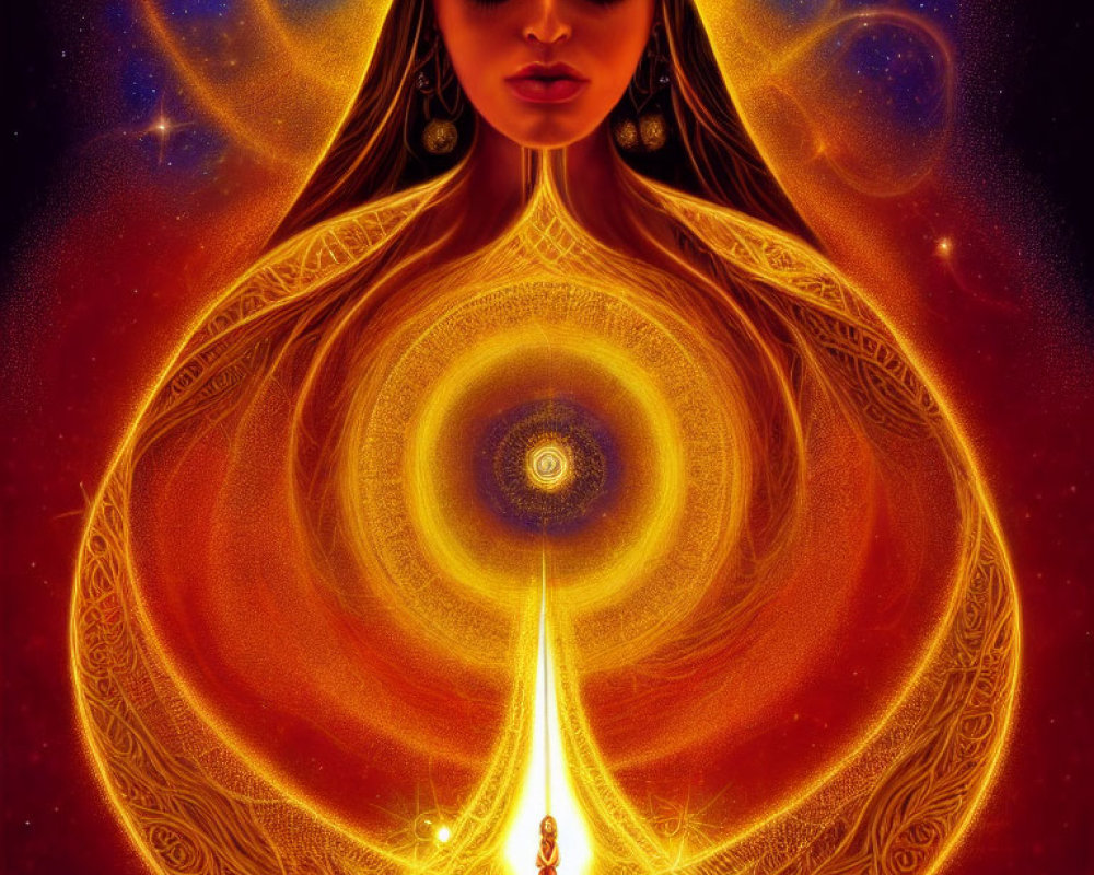 Cosmic woman illustration with golden aura and meditating figure