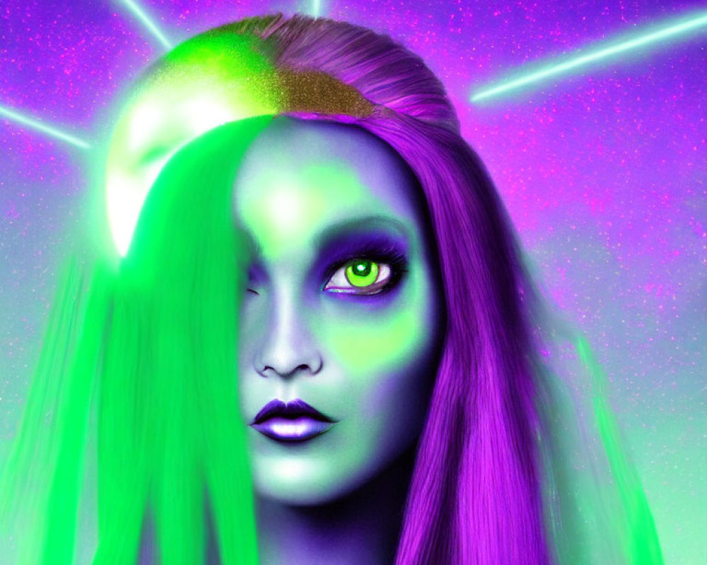 Colorful portrait of person with green hair, skin, eye, and purple lips on vibrant backdrop.
