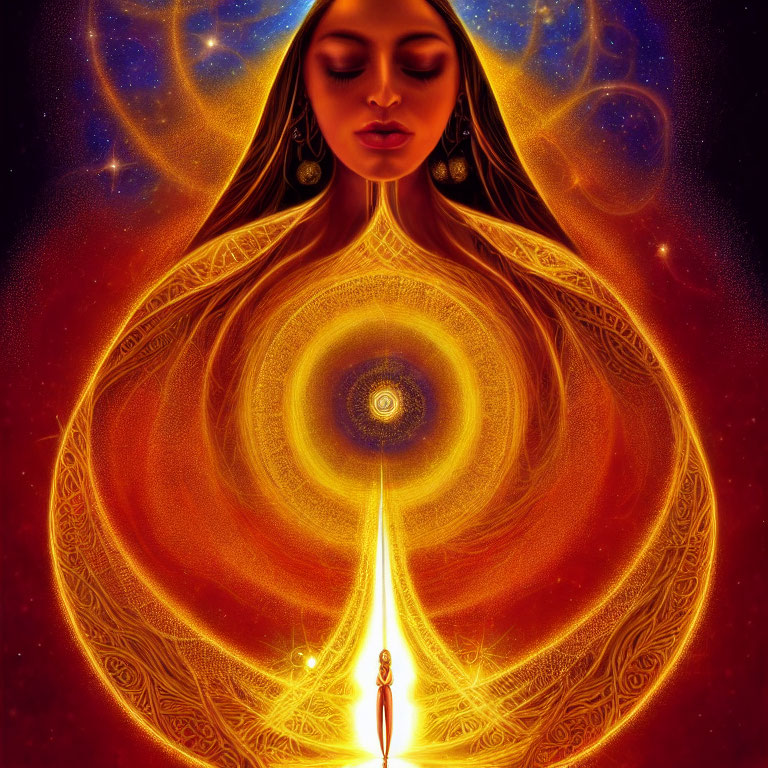 Cosmic woman illustration with golden aura and meditating figure