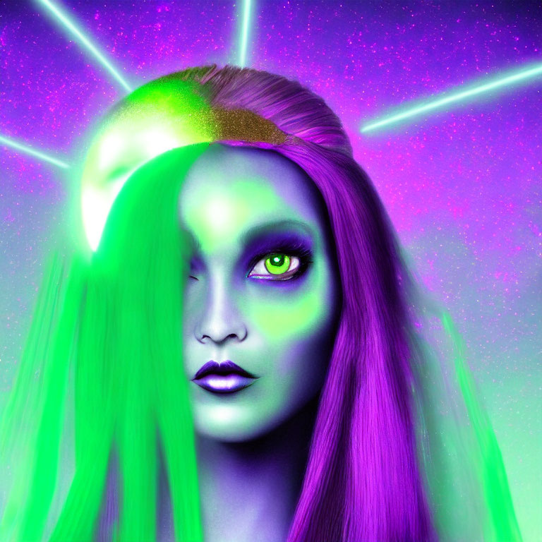 Colorful portrait of person with green hair, skin, eye, and purple lips on vibrant backdrop.