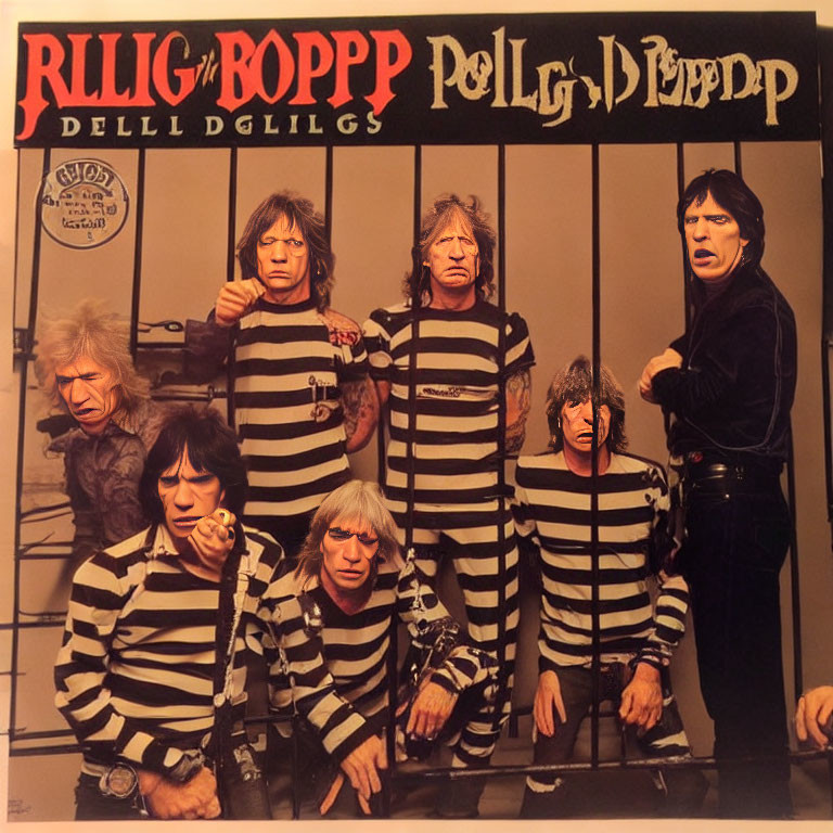 Digitally altered image with multiple men in prisoner outfits and one in black jacket on music album backdrop