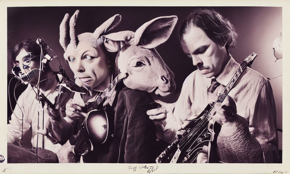 Surreal photograph featuring individuals in animal masks playing guitar