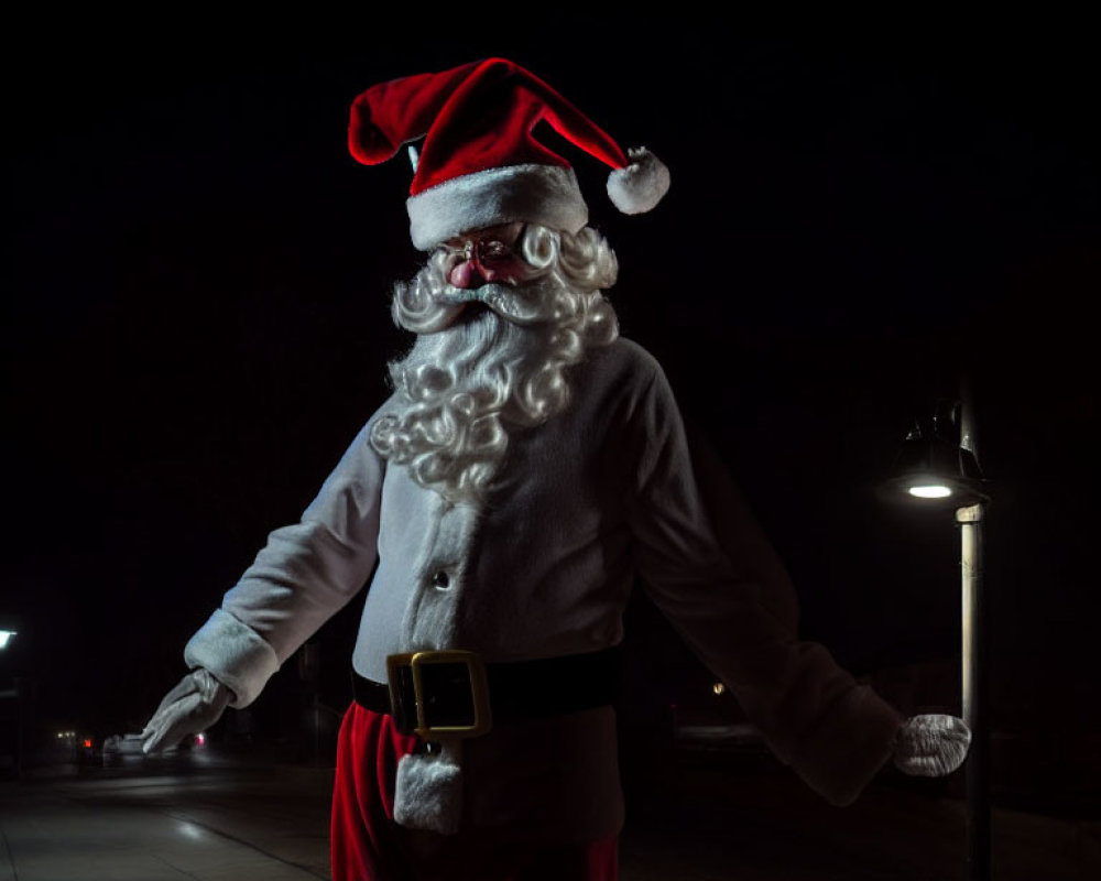 Santa Claus Figure Standing Under Night Streetlight in Mysterious Pose