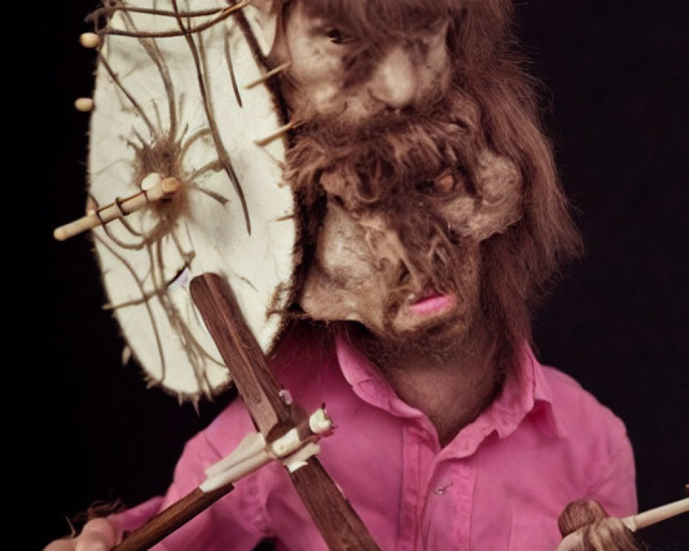 Hairy mask person with drumsticks in pink shirt on black background