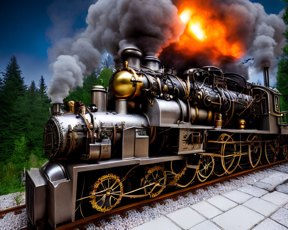 Antique steam locomotive with gold accents in forest setting