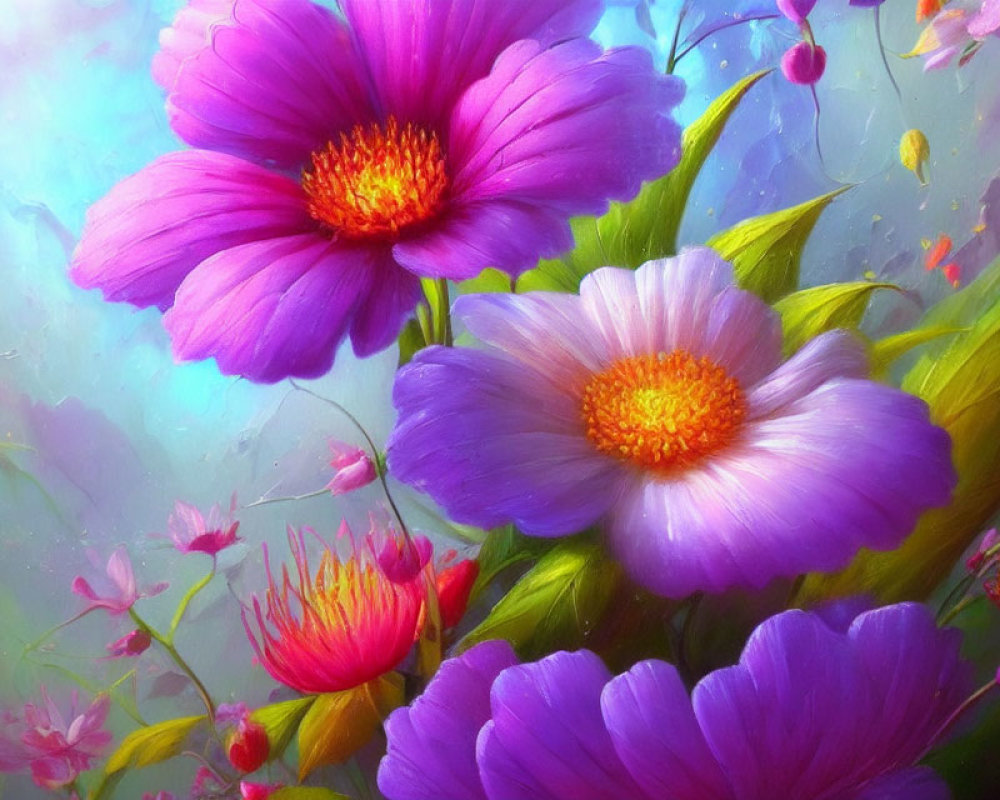 Purple and Pink Flower Painting on Soft Blue Background
