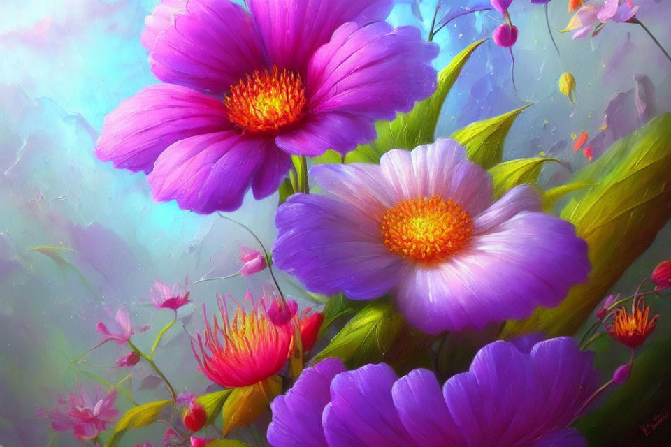 Purple and Pink Flower Painting on Soft Blue Background